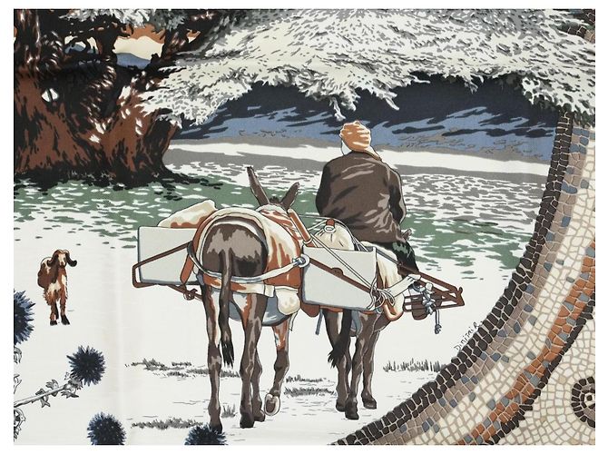 Carré Hermès Sous Le Cèdre 90 cm Seta Beige/Bianco Marrone Blu Grigio - vista 7