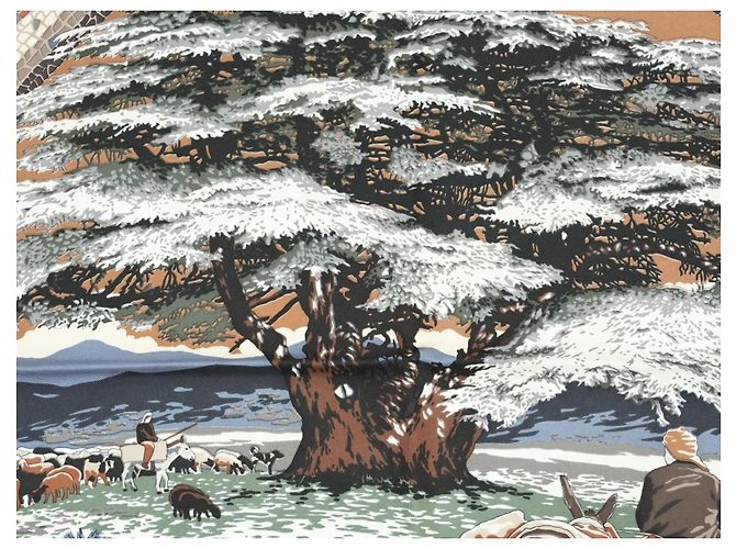 Carré Hermès Sous Le Cèdre 90 cm Seta Beige/Bianco Marrone Blu Grigio - vista 8