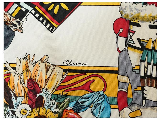 Carré Hermès Kachina di Kermit Oliver 90 cm Seta Bianca Marrone Nero Bianco Rosso Blu D'oro Verde Giallo - vista 12