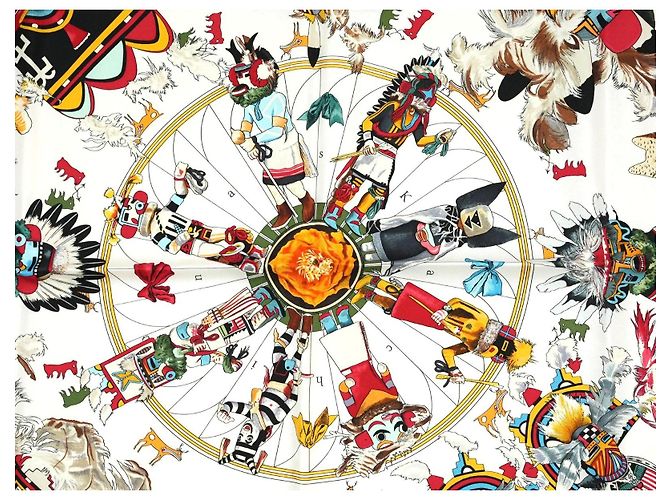 Carré Hermès Kachina di Kermit Oliver 90 cm Seta Bianca Marrone Nero Bianco Rosso Blu D'oro Verde Giallo - vista 2