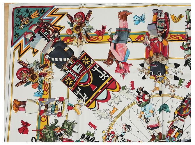 Carré Hermès Kachina di Kermit Oliver 90 cm Seta Bianca Marrone Nero Bianco Rosso Blu D'oro Verde Giallo - vista 4