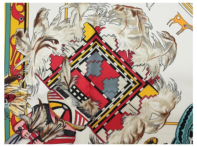 Carré Hermès Kachina di Kermit Oliver 90 cm Seta Bianca Marrone Nero Bianco Rosso Blu D'oro Verde Giallo - vista 9