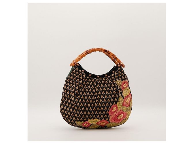 Bamboo Borsa Hobo Gucci con manico in bambù e ricamo floreale Marrone Nero Rosa - vista 3