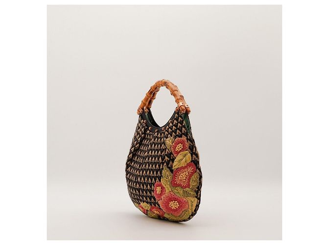 Bamboo Borsa Hobo Gucci con manico in bambù e ricamo floreale Marrone Nero Rosa - vista 4