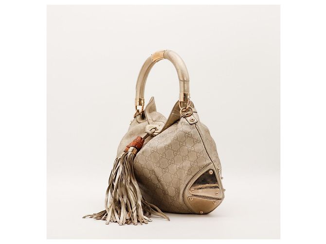 Gucci Borsa Hobo Monogram Bamboo Tassel Beige - vista 2