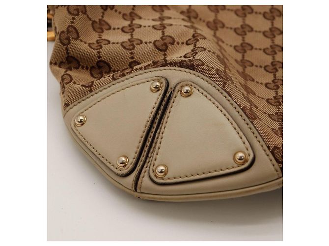 Bamboo Gucci Borsa Hobo Shopper in Tela Monogramma e Bambù Marrone Beige - vista 10