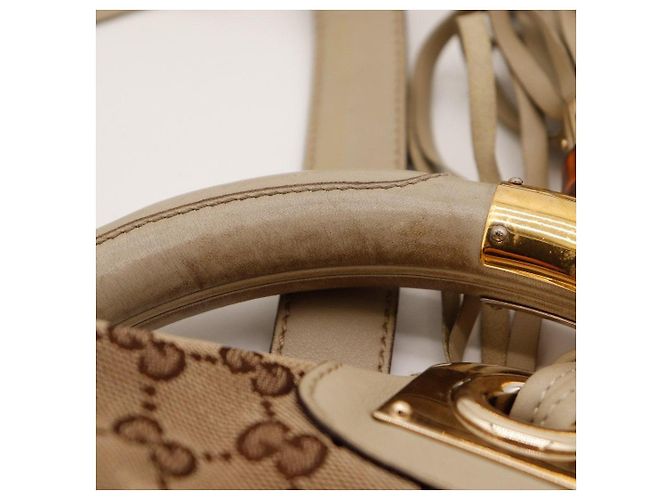 Bamboo Gucci Borsa Hobo Shopper in Tela Monogramma e Bambù Marrone Beige - vista 12