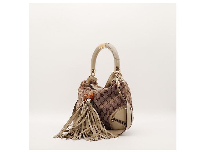 Bamboo Gucci Borsa Hobo Shopper in Tela Monogramma e Bambù Marrone Beige - vista 2