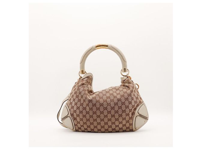 Bamboo Gucci Borsa Hobo Shopper in Tela Monogramma e Bambù Marrone Beige - vista 3