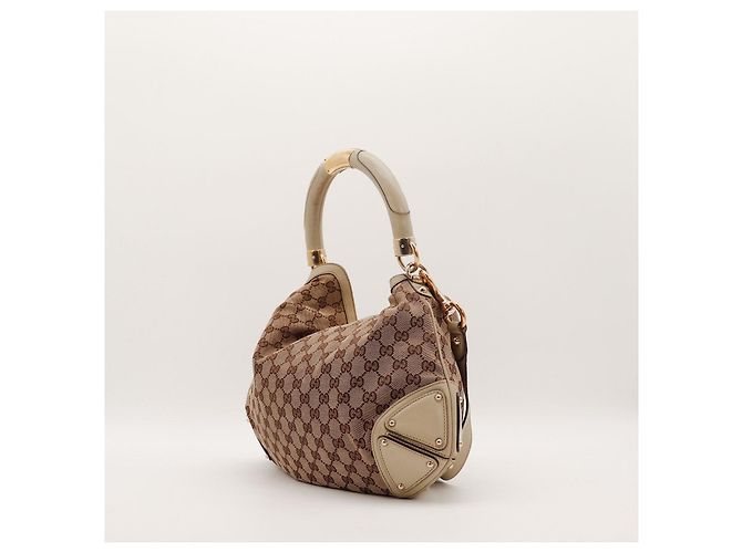 Bamboo Gucci Borsa Hobo Shopper in Tela Monogramma e Bambù Marrone Beige - vista 4