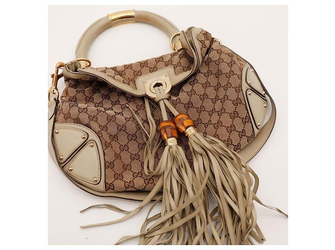 Bamboo Gucci Borsa Hobo Shopper in Tela Monogramma e Bambù Marrone Beige - vista 6