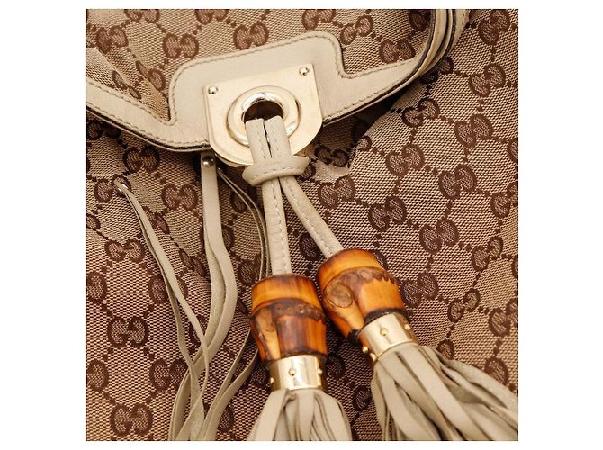 Bamboo Gucci Borsa Hobo Shopper in Tela Monogramma e Bambù Marrone Beige - vista 7