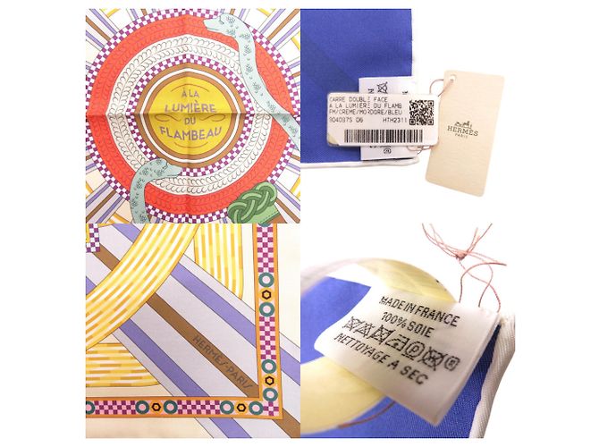 Foulard in Seta Hermès Carré 90 Double Face A la Lumiere du Flambeau Porpora Giallo - vista 4