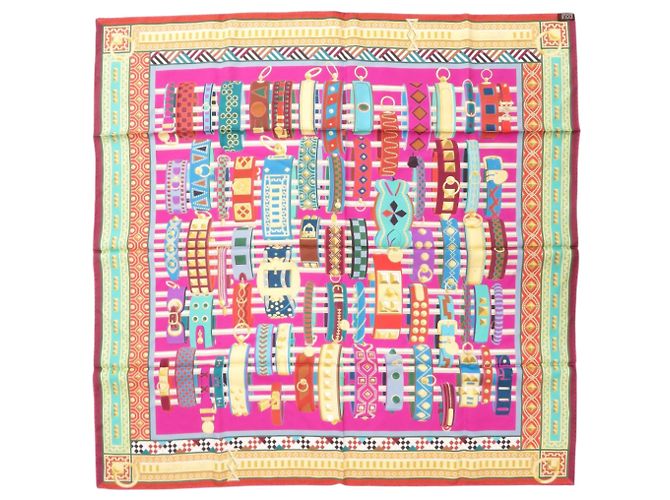 Hermès Hermes Carre 90 Collier de Chien Sciarpa in Seta Rosa Multicolore Verde Giallo - vista 3