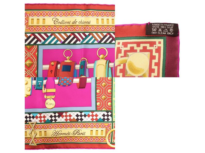 Hermès Hermes Carre 90 Collier de Chien Sciarpa in Seta Rosa Multicolore Verde Giallo - vista 4