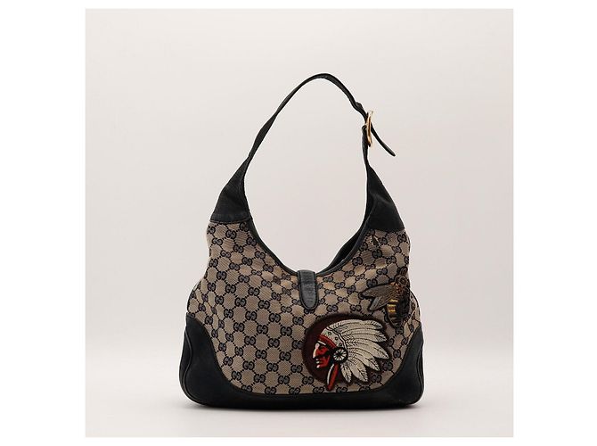 Gucci Borsa Hobo Jackie Tela Monogram con Applique Nero Rosso Beige - vista 3