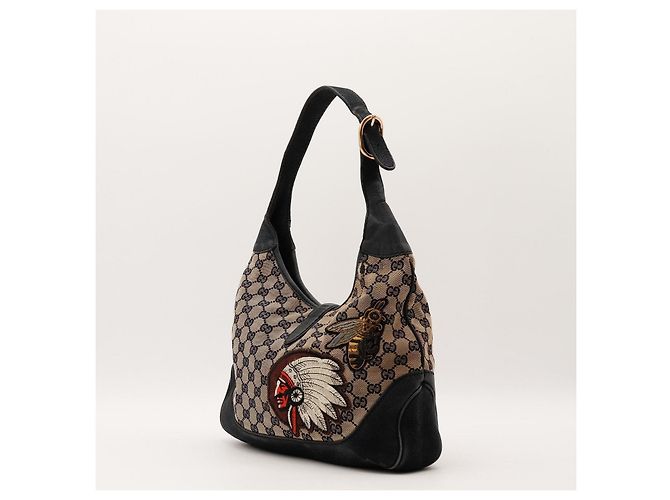 Gucci Borsa Hobo Jackie Tela Monogram con Applique Nero Rosso Beige - vista 4