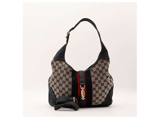 Gucci Borsa Hobo Jackie Tela Monogram con Applique Nero Rosso Beige - vista 6