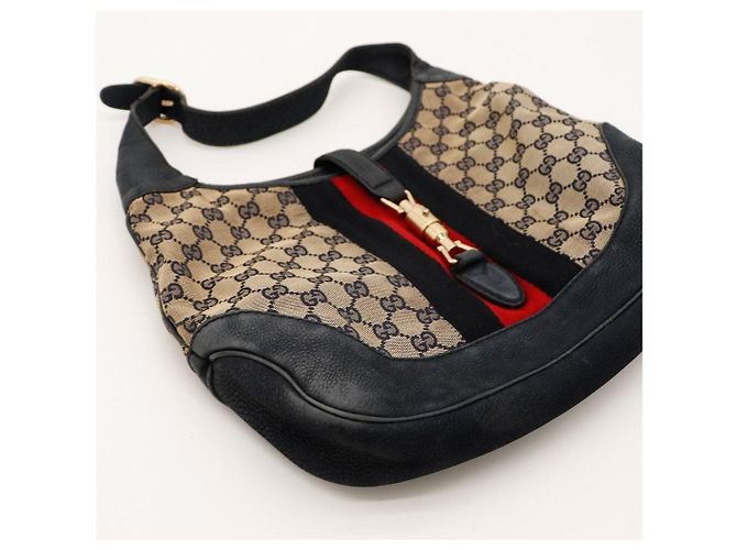 Gucci Borsa Hobo Jackie Tela Monogram con Applique Nero Rosso Beige - vista 8