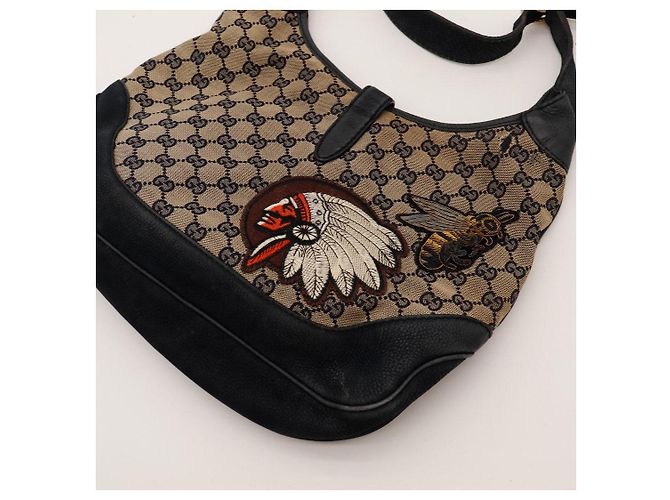 Gucci Borsa Hobo Jackie Tela Monogram con Applique Nero Rosso Beige - vista 9