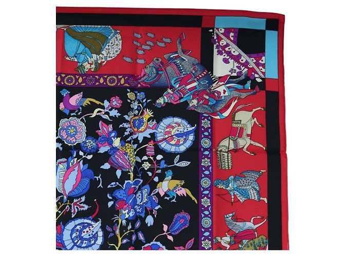 Hermès HERMES Carre 90 Scarf éphantaisies indiennesé Silk Red Black Auth am12080M Nero Rosso - vista 4