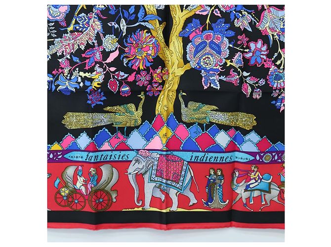 Hermès HERMES Carre 90 Scarf éphantaisies indiennesé Silk Red Black Auth am12080M Nero Rosso - vista 9