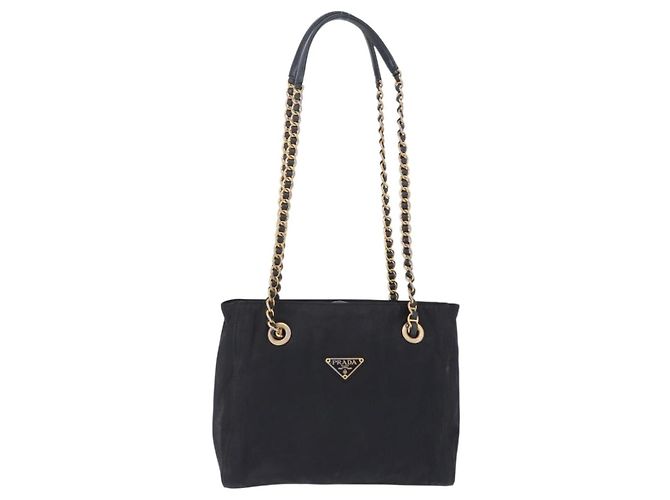 Borsa Tote a Spalla con Catena PRADA Nylon Nero Oro Auth 193554 D'oro - vista 2