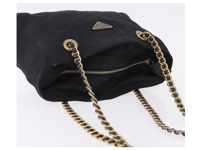 Borsa Tote a Spalla con Catena PRADA Nylon Nero Oro Auth 193554 D'oro - vista 6