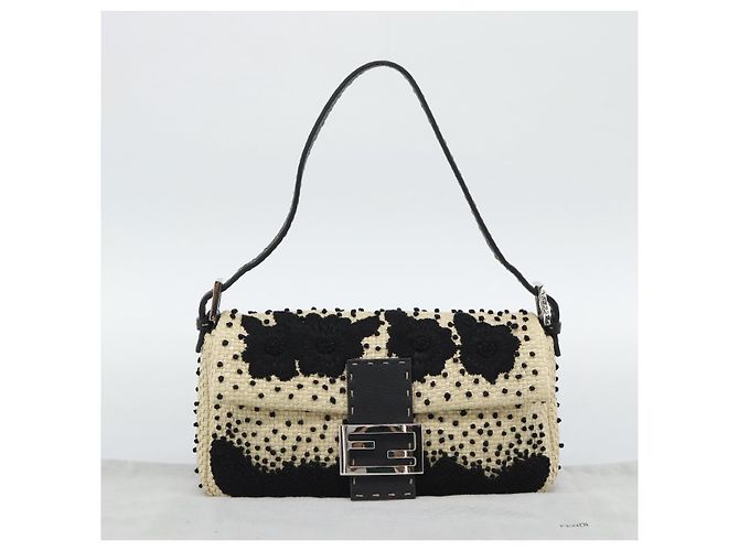 FENDI Celleria Flower Embroidery Straw Mamma Baguette 8BR101 Auth yk20689SM Prata Bege - vista 22