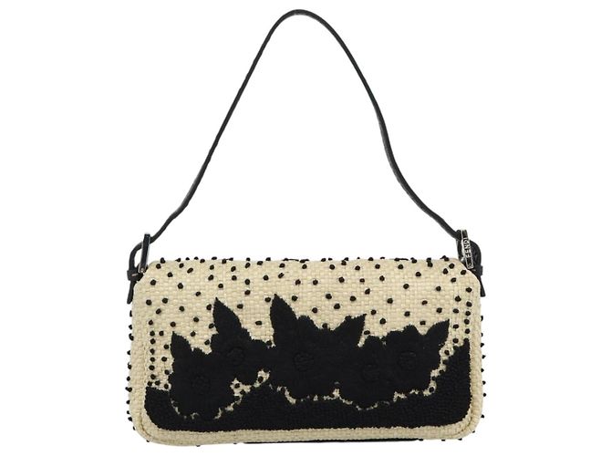 FENDI Celleria Flower Embroidery Straw Mamma Baguette 8BR101 Auth yk20689SM Prata Bege - vista 3