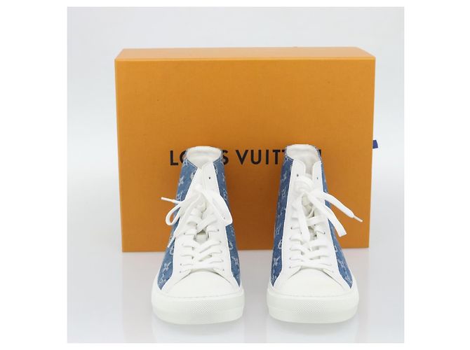 Sneakers alte LOUIS VUITTON Monogram Denim Tattoo Line Blue LV Auth BA14108M Bianco - vista 24