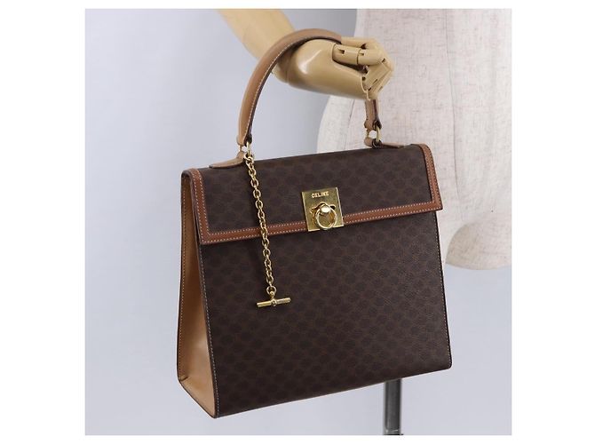 Céline Borsa CELINE Macadam Canvas PVC Pelle Marrone Oro Auth 193508A D'oro - vista 27