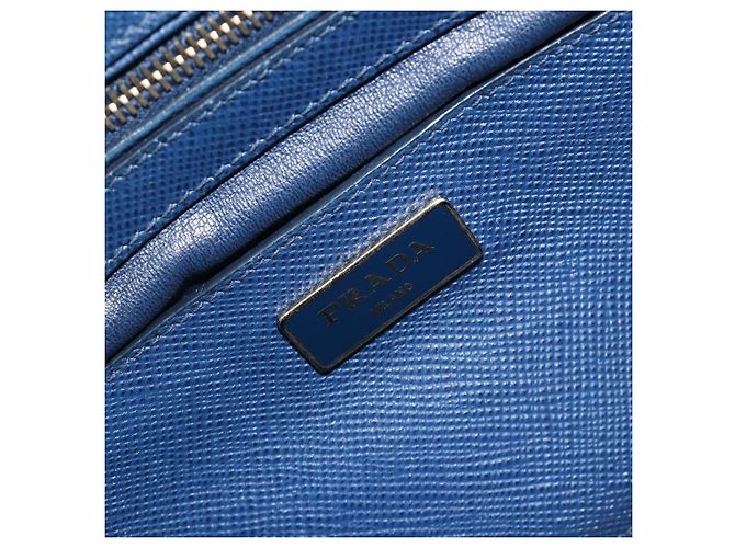Prada Cuir Frame Double Zip Tote in pelle Saffiano Large Blu - vista 6