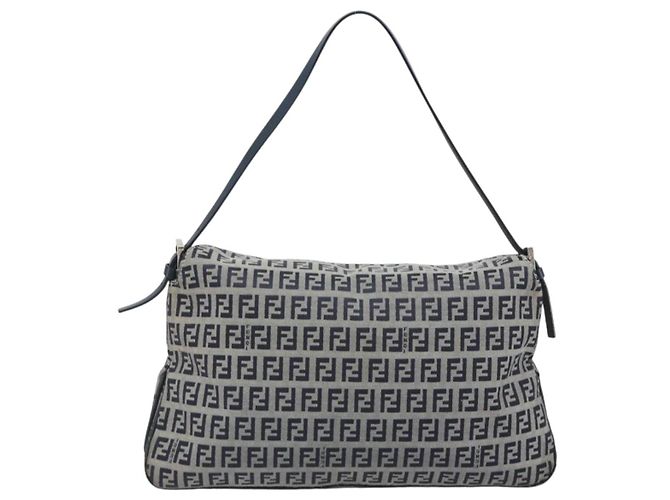 FENDI Zucchino Canvas Mamma Baguette Borsa a Spalla Navy Silver Auth ep15583 Argento Blu navy - vista 3