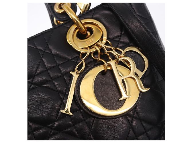 Bolsa Christian Dior Lady Dior Canage de couro 2way Preto Ouro Auth ep15594V Dourado - vista 16