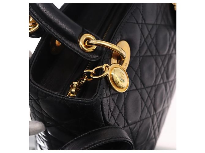 Bolsa Christian Dior Lady Dior Canage de couro 2way Preto Ouro Auth ep15594V Dourado - vista 17