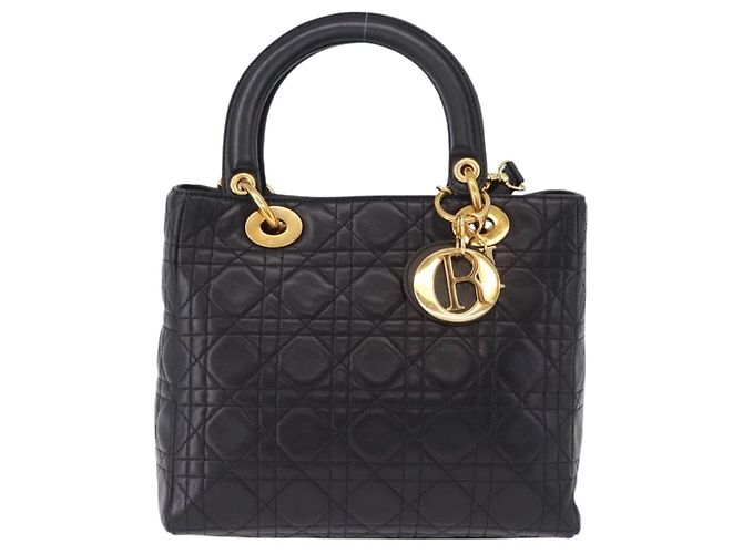 Bolsa Christian Dior Lady Dior Canage de couro 2way Preto Ouro Auth ep15594V Dourado - vista 2