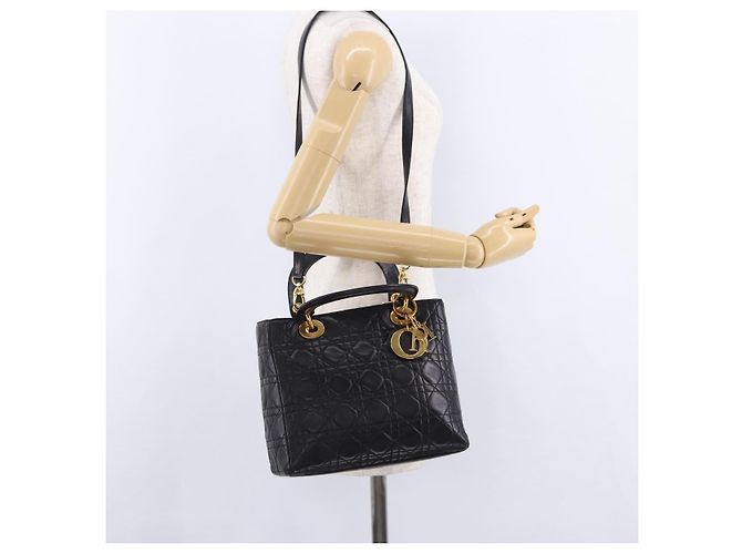 Bolsa Christian Dior Lady Dior Canage de couro 2way Preto Ouro Auth ep15594V Dourado - vista 25