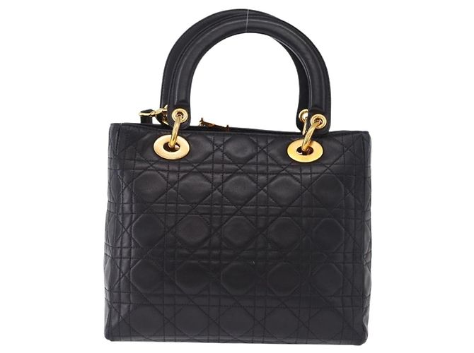 Bolsa Christian Dior Lady Dior Canage de couro 2way Preto Ouro Auth ep15594V Dourado - vista 3