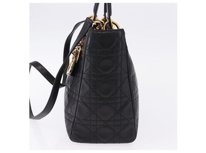 Bolsa Christian Dior Lady Dior Canage de couro 2way Preto Ouro Auth ep15594V Dourado - vista 4