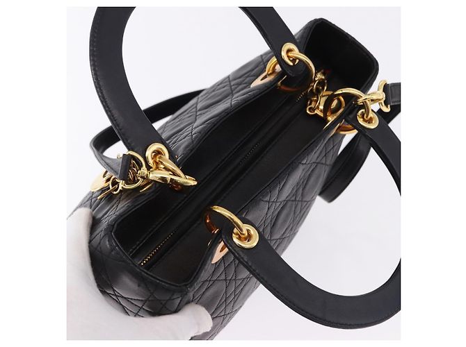 Bolsa Christian Dior Lady Dior Canage de couro 2way Preto Ouro Auth ep15594V Dourado - vista 6