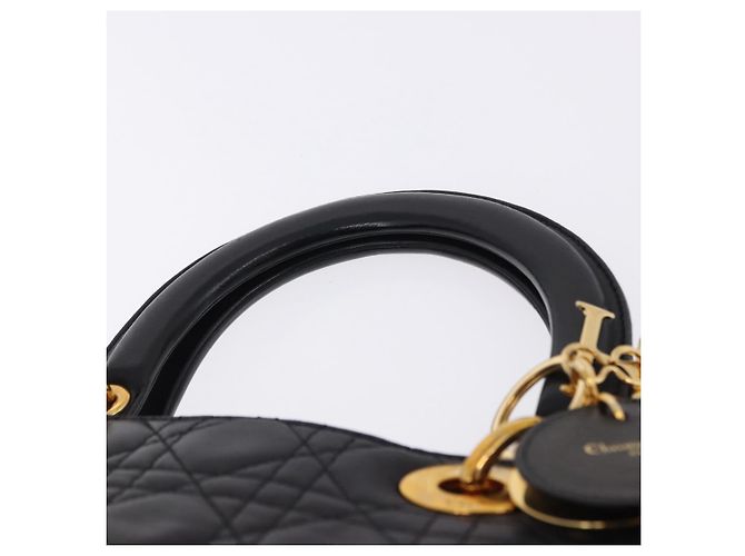 Bolsa Christian Dior Lady Dior Canage de couro 2way Preto Ouro Auth ep15594V Dourado - vista 8