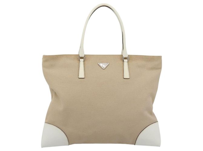 PRADA Tote Bag Canvas Beige Silber Auth BA14115 - Ansicht 2