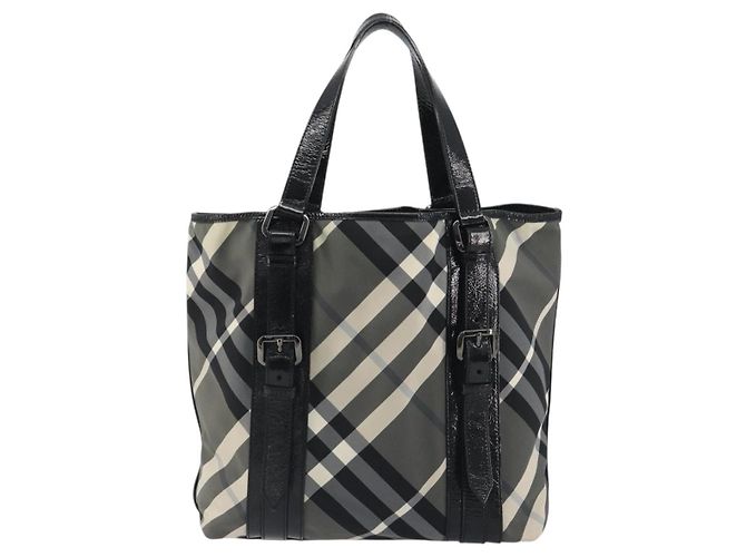 Borsa Tote BURBERRY Nova Check in nylon nero argento Auth ep15157 - vista 2