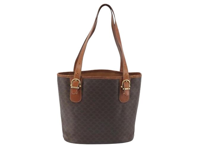 Edge Céline Borsa Tote CELINE Macadam Canvas PVC Pelle Marrone Oro Auth 194037 D'oro - vista 3