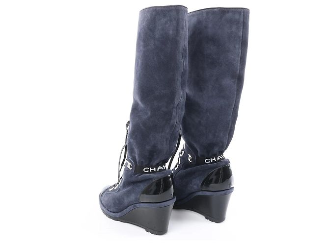 Chanel Wildleder x Lack Stiefel Lang Schwarz x Navy G27002, Größe 37 EU Marineblau - Ansicht 10
