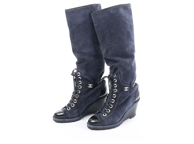 Chanel Wildleder x Lack Stiefel Lang Schwarz x Navy G27002, Größe 37 EU Marineblau - Ansicht 2