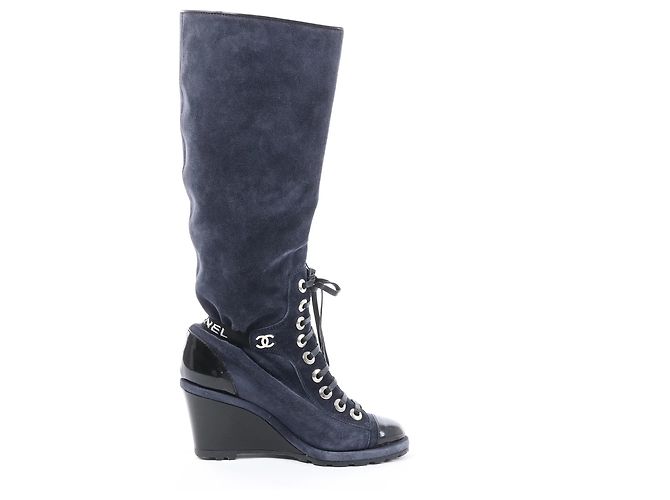 Chanel Wildleder x Lack Stiefel Lang Schwarz x Navy G27002, Größe 37 EU Marineblau - Ansicht 3