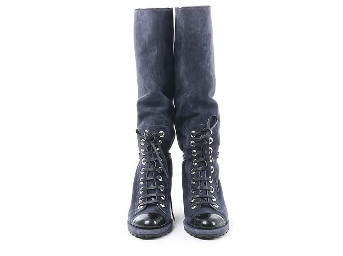 Chanel Wildleder x Lack Stiefel Lang Schwarz x Navy G27002, Größe 37 EU Marineblau - Ansicht 4