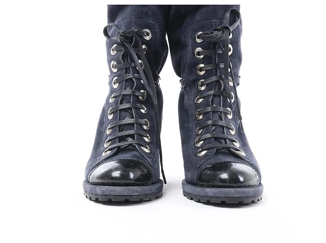 Chanel Wildleder x Lack Stiefel Lang Schwarz x Navy G27002, Größe 37 EU Marineblau - Ansicht 5